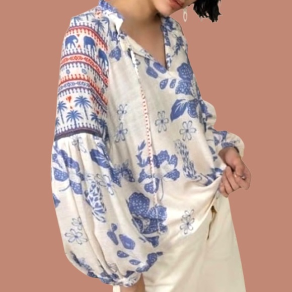 Like New Anthropologie Emily Lovelock Emma Top Medium Floral Elephant Palm Tree - Picture 2 of 11